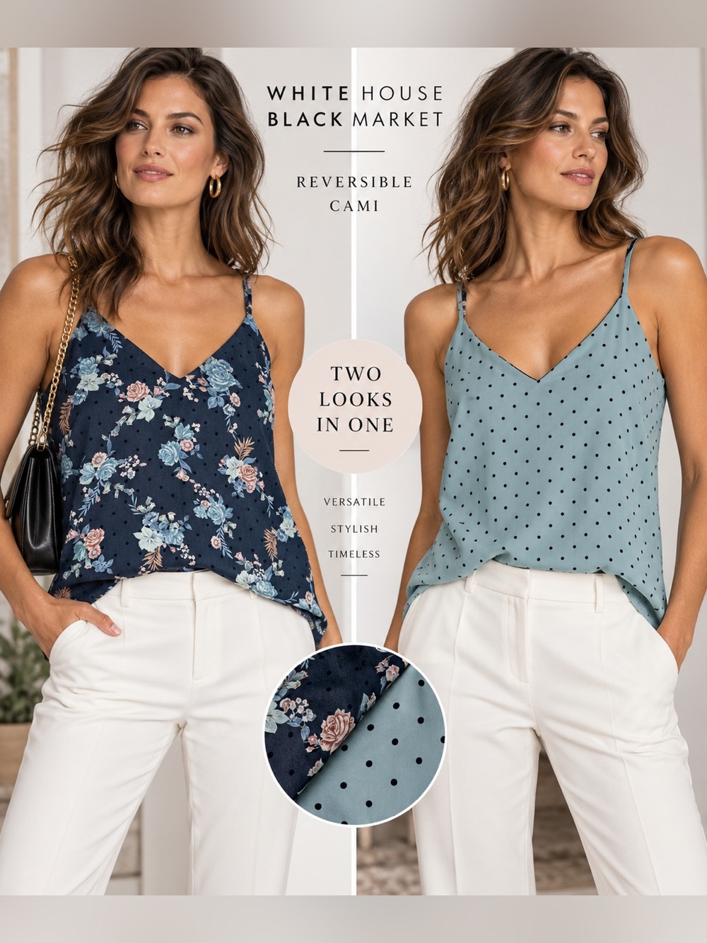 White House Black Market Navy Floral / Seafoam Polka Dot Reversible Cami L
